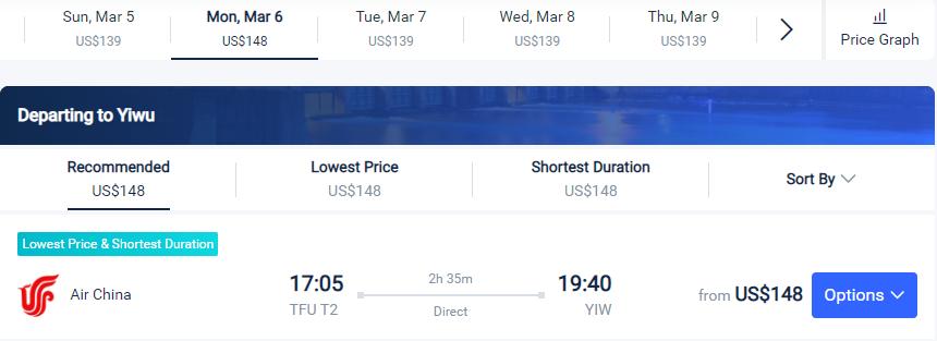 Flights from Chengdu to Yiwu