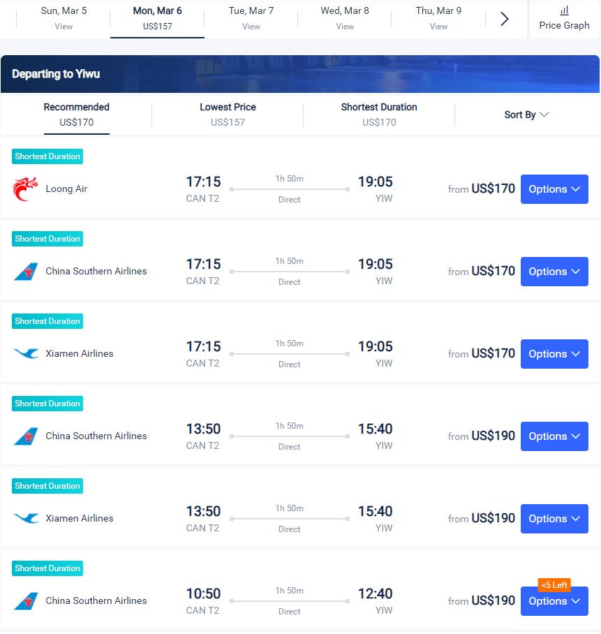 Flights from Guangzhou to Yiwu